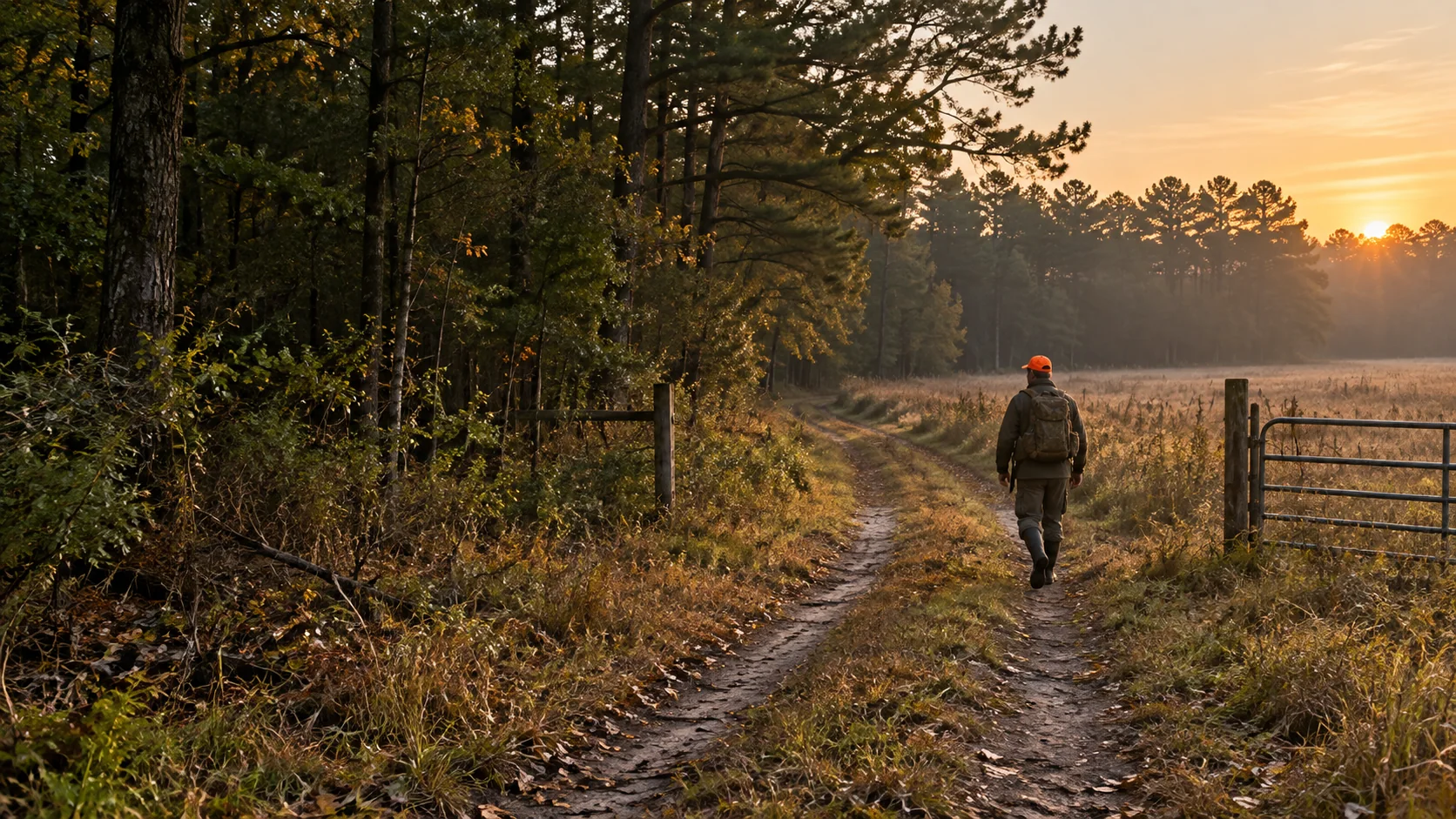 Hunter walking an access trail along a wooded field edge at dawn