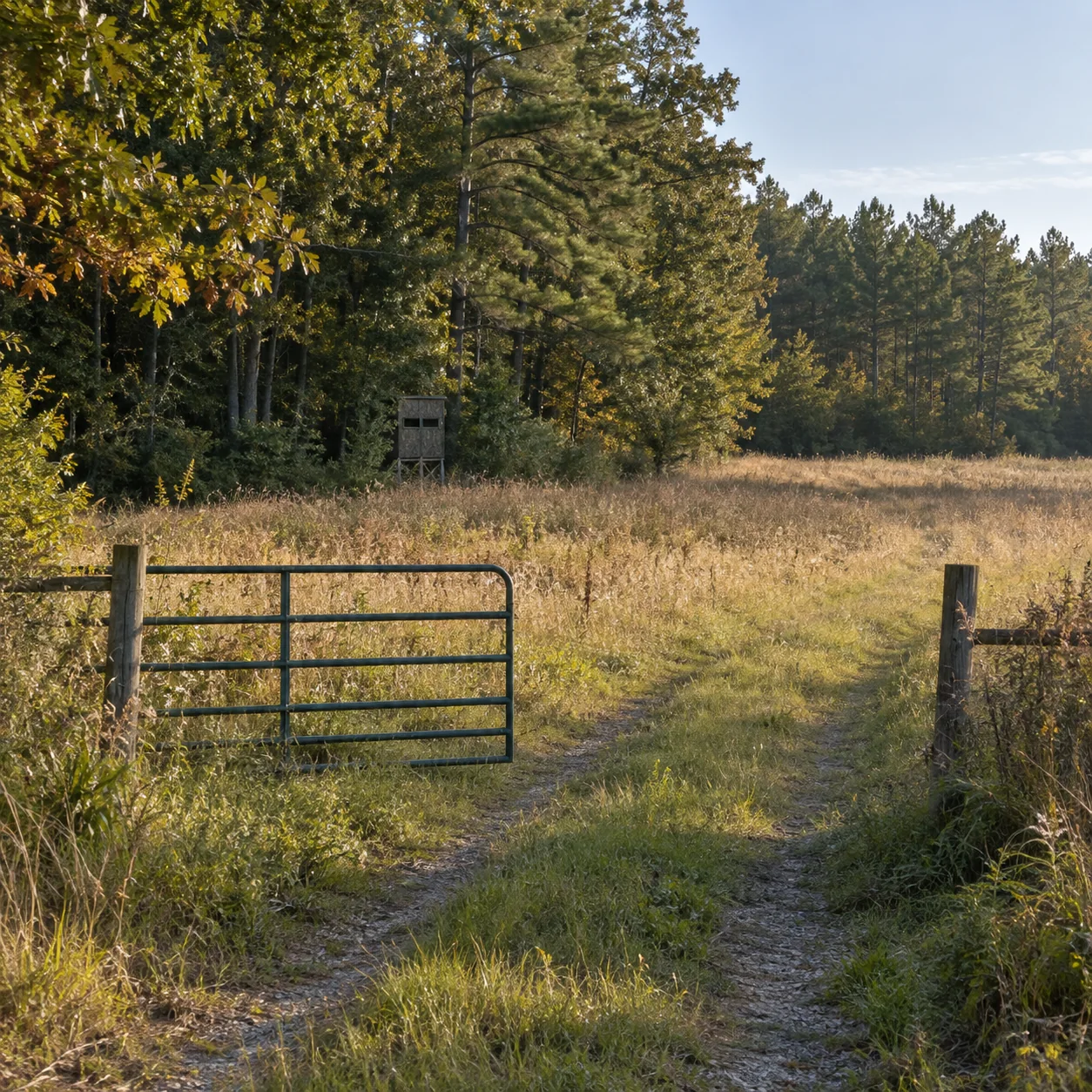 Farm gate and field access track beside timber, with a hunting blind at the woodland edge